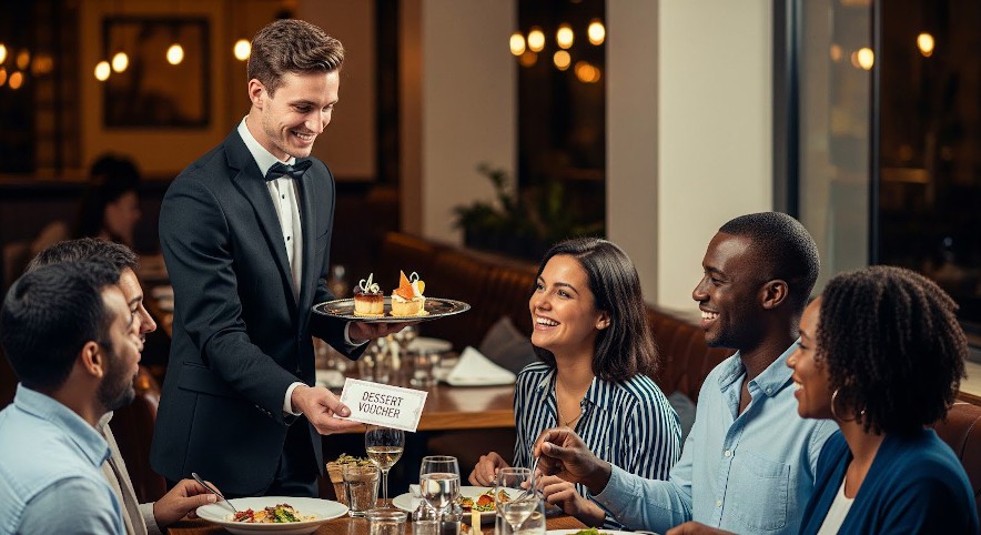 Waiter delivering desert and a desert voucher to happy customers eating