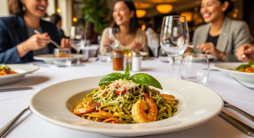 photo of a delicious dish with happy people in the background representing that profitable restaurants have high quality food