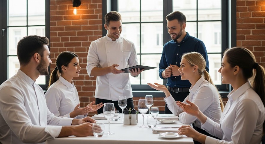 Group of restaurant staff, rehearsing what to say before their shift start