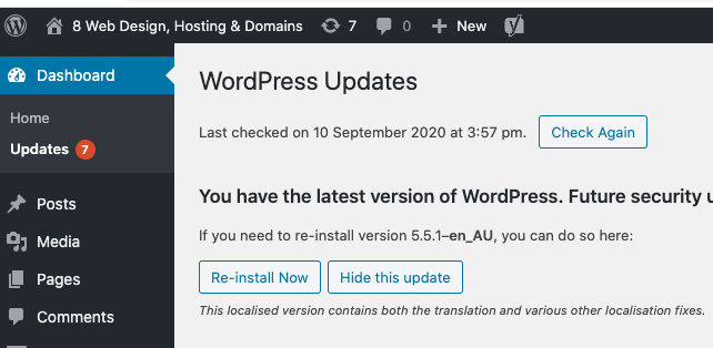 Screenshot of WordPress updates area